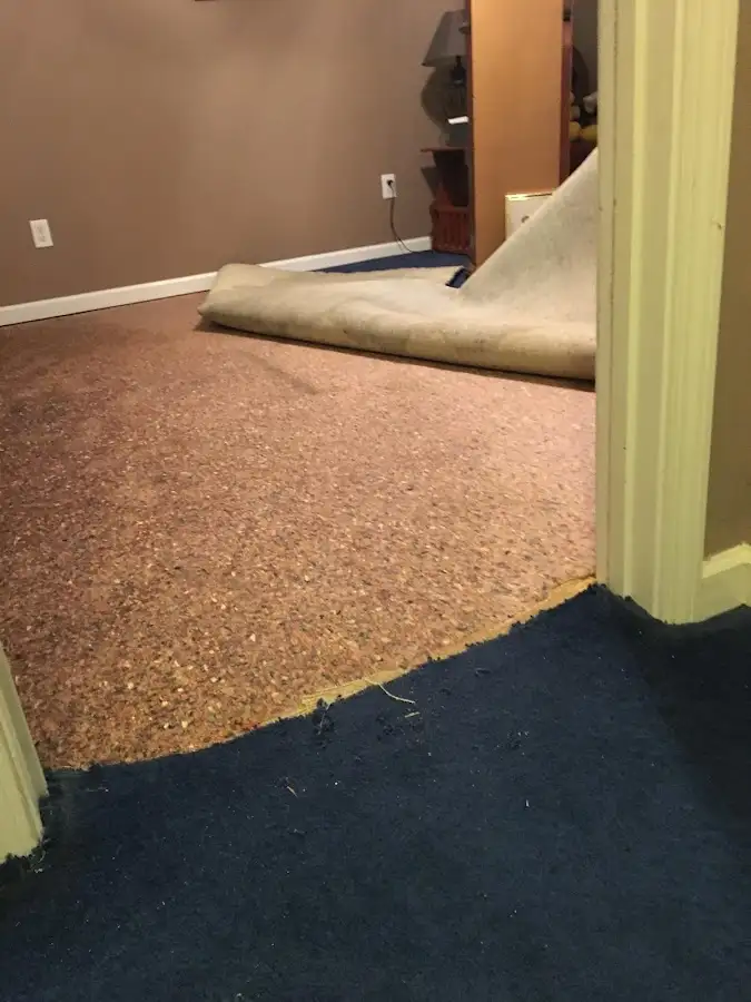 Carpet pad removal revealing water damage during Drying & Dehumidification in Batesville